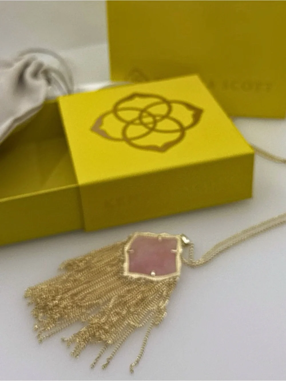 Kendra Scott Kingston Gold Long Pendant Necklace Pink Rose Quartz Gift Set